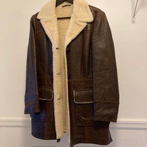 Pollini Women's Italian brown leather jacket size 42/10 US faux sheepskin lining